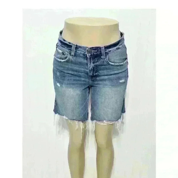 Pistola Women's Blue Medium Denim Wash Frayed Distressed Raw Hem Long Short 25 - Picture 3 of 5